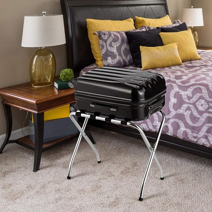 Tangkula Chrome Luggage Rack for Guest Room, No Assembly Required, Folding Metal Suitcase Stand with Nylon Belts, for Home Bedroom Guest Room Hotel, Luggage Rack, Silver (3)
