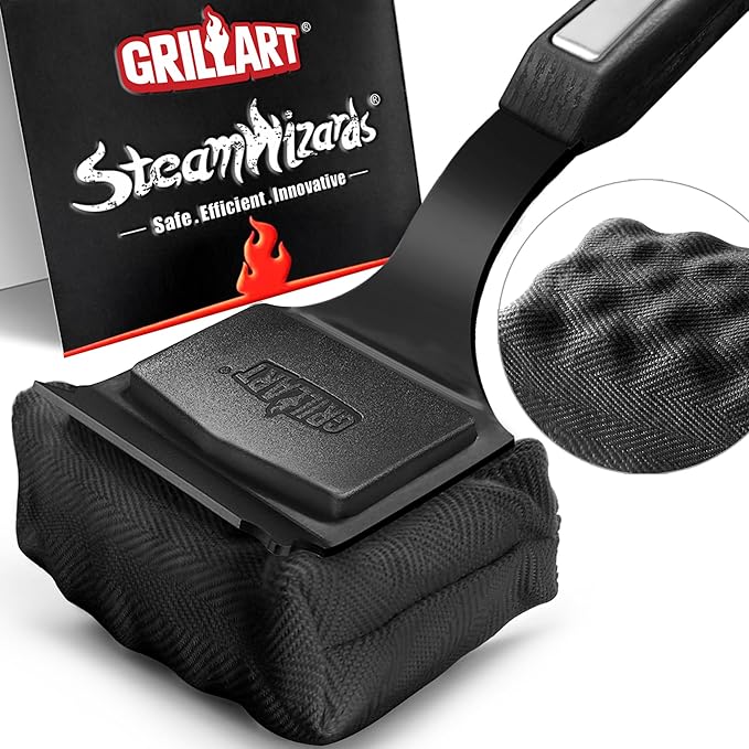 GRILLART Grill Brush Bristle Free. SteamWizards BBQ Replaceable Cleaning Head, Seamless-Fit Scraper Tools for Cast Iron/Stainless-Steel Grates Griddle, Safe Barbecue Grill Cleaner Brush-Dark Black
