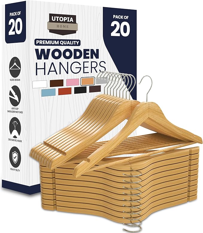 Utopia Home Premium Wooden Hangers 20 Pack - Heavy Duty & Durable Coat Hanger - Wood Hanger with 360-Degree Rotatable Hook - Clothes Hangers with Non-Slip Shoulder Notches For Shirts & Coats (Natural)