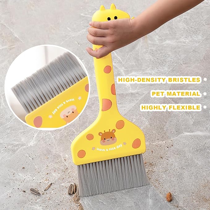 Mini Broom and Dustpan Set Cartoon Small Broom with Dustpan Combo Set Cute Cleaning Kit for Home Office Floor (Brown)