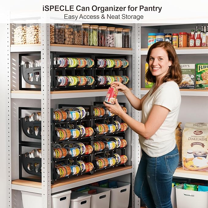 iSPECLE Expandable Can Storage Organizer Pantry, Large Capacity 40 Cans Pantry Organizers and Storage, Auto Rolling Dispenser & Stackable for Deep Pantry Shelves, Black