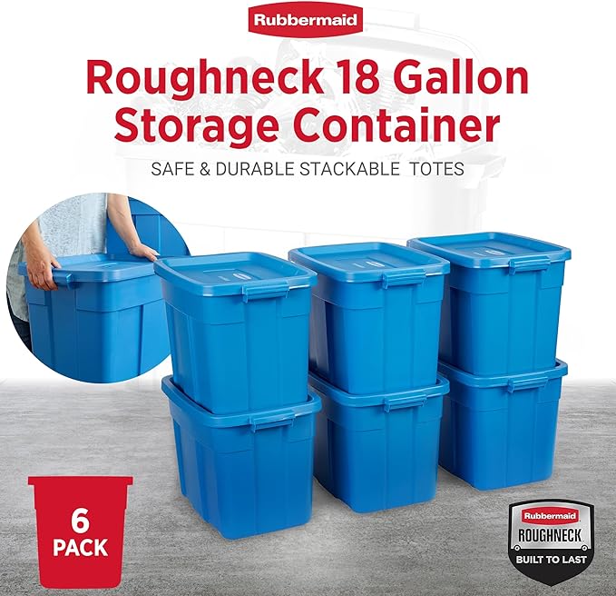 Rubbermaid Roughneck Tote 18 Gal, 6 Pack, Made in USA, Heritage Blue, Rugged Plastic Stackable Storage Bins with Lids and Handles