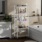 SINGAYE 6 Small Shelf Storage Wire Shelves Closet Bathroom Organizers Metal Pantry Kitchen Garage Shelving Unit Laundry Room Organization Home Narrow Rack Net Basket with Wheels White