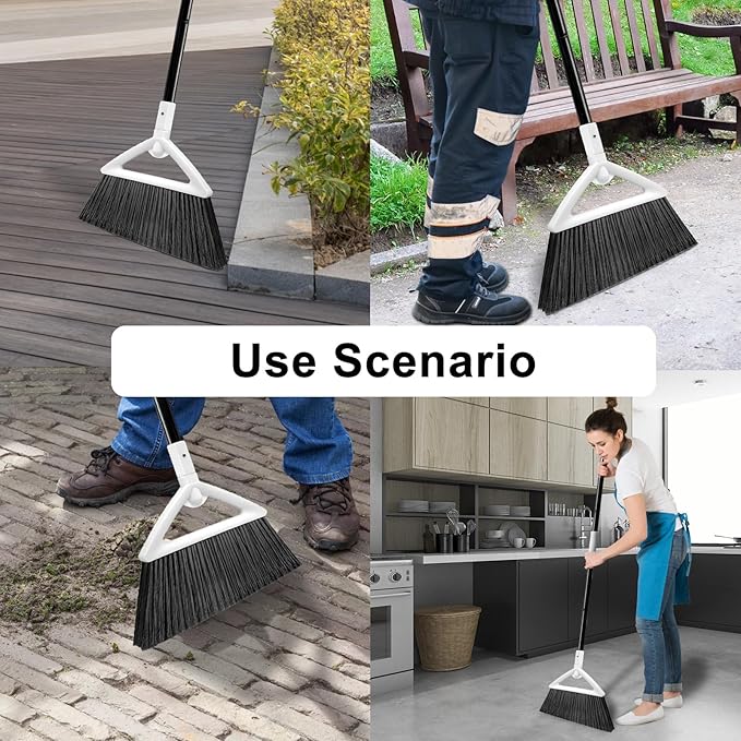 Heavy Duty Angle Broom 4 Pack - White Broom for Outdoor & Indoor, Garage, Driveway, Sidewalk, Kitchen & More, Long Handle