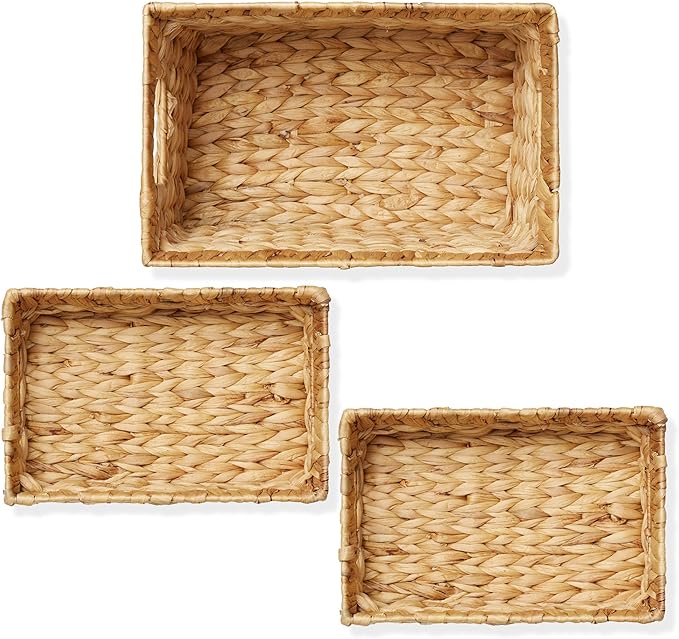 Casafield Set of 3 Water Hyacinth Storage Baskets with Handles - 1-Medium, 2-Small Woven Organizers for Bathroom, Laundry, Pantry, Office, Shelves