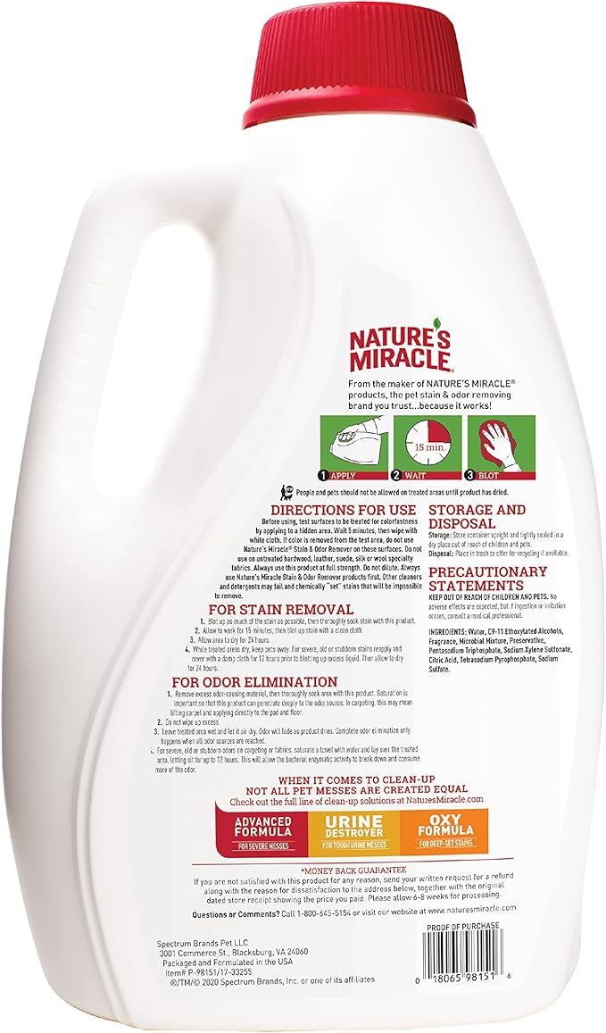 Nature’s Miracle® Stain & Odor Remover, Tough on Dog Urine, Feces, Vomit, Drool and Other Organic Stains and Odors, 1 Gallon