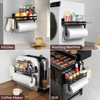 ZUNTO Magnetic Paper Towel Holder for Fridge, Black Kitchen Organizer with Towel Roll Holder, Spice Shelf and 2 Hanging Racks(No Drilling)