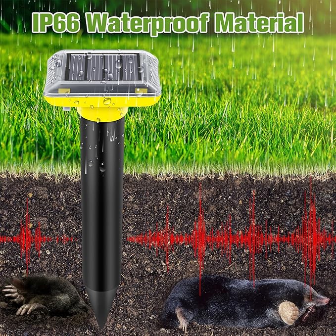 Solar Mole Repellent, Ultrasonic Gopher Repeller Outdoor, Solar Powered Waterproof Snake Repellent Deterrent Gopher Vole Snake Pest and Other Animals from Lawn Garden Yard Home(LightYellow, 4 Packs)