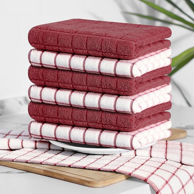 Homaxy Premium Cotton Kitchen Towels 16"x 28", Large Natural Ring Spun 390 GSM Dish Towels, Super Absorbent Terry Kitchen Hand Towels, Soft Tea Towel with Hanging Loop, Red Check Design,8 Pack