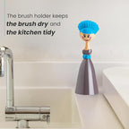Vigar Dolls Dish Brush with Ergonomic Handle and Dress-Shaped Brush Holder, Dish Brush with Handle for Kitchen Dishes and Sink Cleaning, Gray, Blue