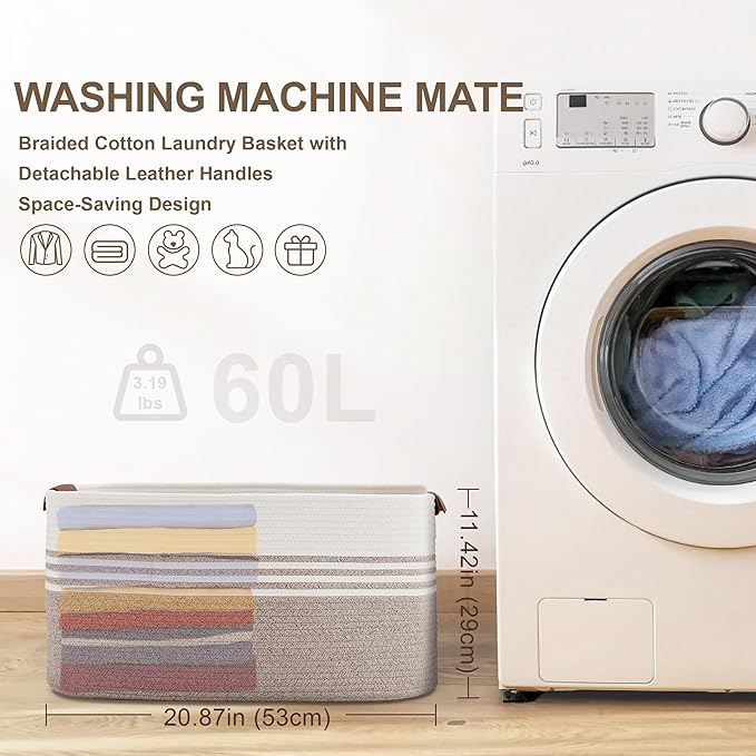 60L Large Laundry Basket with Leather Handles for Living Room Storage, Woven Rope Baskets Bin for Blanket, Kids Toy, Gifts, Wicker Hamper for Bedroom Dirty Clothes, White Brown