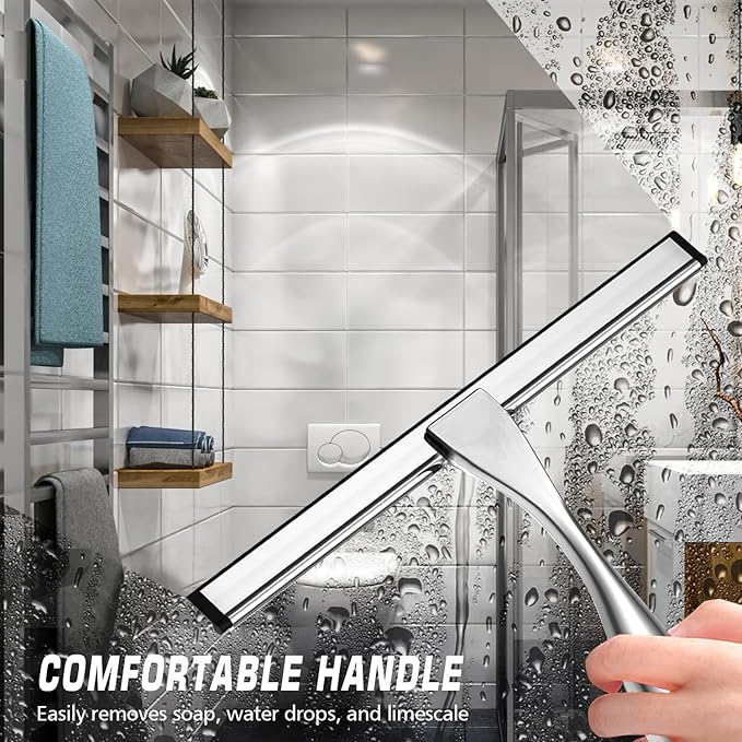Shower Squeegee for Glass Door with 3 Adhesive Hook, Stainless Steel Glass Cleaning Squeegee for Bathroom & Household Window, Mirrors, Tiles and Car, 10 Inches, Clear, Silver
