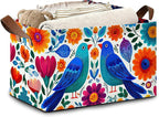 Colorful Bird Flowers Collapsible Storage Box,Mexican Style Organizer Bin with Handles for Room Decoration,Bins Book Basket Box 17x11.5x10Inch