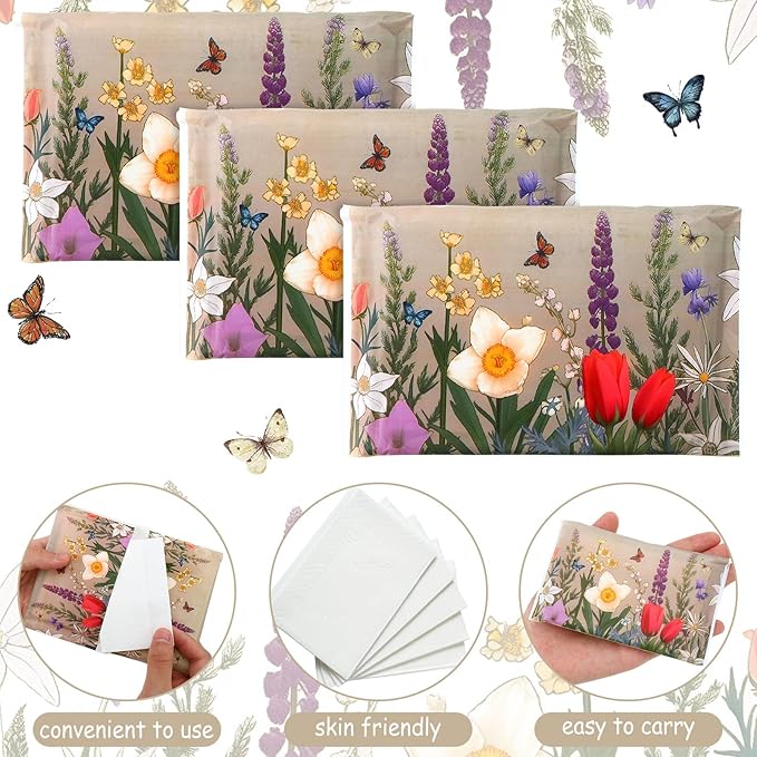 Geyee 50 Packs Facial Tissue Travel Packs Disposable Pocket Tissues for Wedding Guest Travel School Purse Home Supplies, 500 Sheets 3 Ply(Retro Flower)
