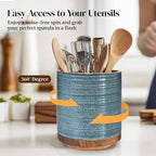 DOWAN 360° Rotating Extra Large Cooking Utensil Holder, 7.6" Kitchen Utensil Holder for Countertop, Utensil Crock for Farmhouse Kitchen Decor, Ceramic Stable Utensil Caddy, Blue