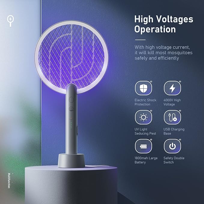 Electric Fly Swatter Racket, Mosiller 4000V 2 in 1 Bug Zapper with USB Rechargeable Base, Powerful Mosquitoes Trap Lamp & Fly Killer with 3-Layer Safety Mesh for Home, Indoor, Bedroom(Grey-1 Pack)