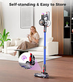 Cordless Vacuum Cleaner, 500W 40Kpa 60Mins Vacuum Cleaners for Home, Anti-tangle Stick Vacuum with Self-Standing, Wall Mount Charging, LDE Display, Wireless Vacuum for Carpet Pet Hair Hardfloor, Blue