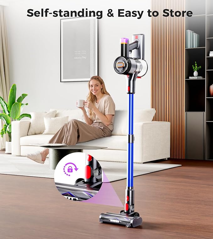Cordless Vacuum Cleaner, 500W 40Kpa 60Mins Vacuum Cleaners for Home, Anti-tangle Stick Vacuum with Self-Standing, Wall Mount Charging, LDE Display, Wireless Vacuum for Carpet Pet Hair Hardfloor, Blue