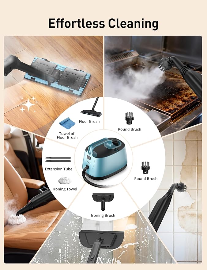 Aspiron Steam Cleaner, 293°F 58 PSI Powerful Multipurpose Handheld Steam Mop for Home Use, 21 Attachments, 50Oz Capacity, Heavy Duty Steamer for Carpets, Floors, Cars, Tiles, Crack Cleaning, Blue