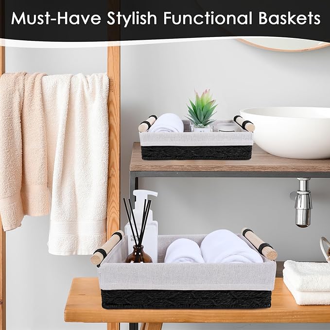 Wicker Storage Basket with Wooden Handle – Paper Rope Decorative Toilet Paper Baskets & Bathroom Organizer for Toilet Tank Top, Shelves, Bedroom, Countertop,Home,Office Storage Bins, 2 Pack,Black