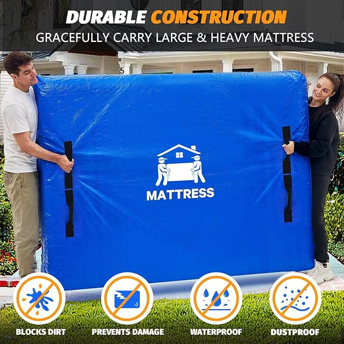 Mattress Bags for Moving, BETU Mattress Protector Waterproof Mattress Cover Full XL Size Storage Bags with 8 Heavy-Duty Handles and Zipper for Bed Extra Thick Large(2 Pack, 82"x57"x15" Blue)