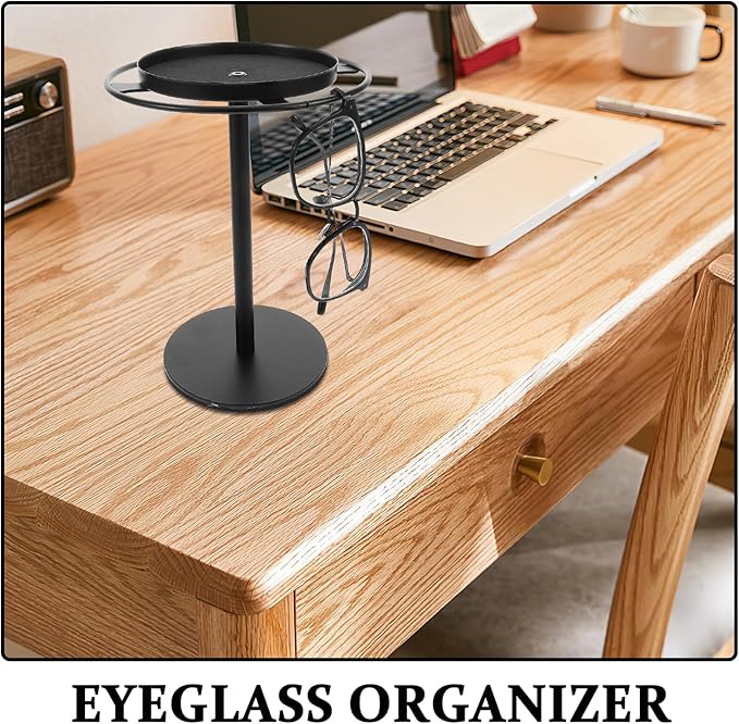 Metal Eyeglass Organizer with Storage Tray, Glasses Holder Rack for Desk, Sunglasses Shelf Desktop Organizer, Black Metal Eyewear Storage Stand for Home and Office