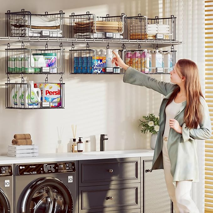 3-Pack Laundry Basket, Wire shelves for Laundry Room Space Saving-Metal Laundry Basket Holder,14.5"D x 10.5"W,Black