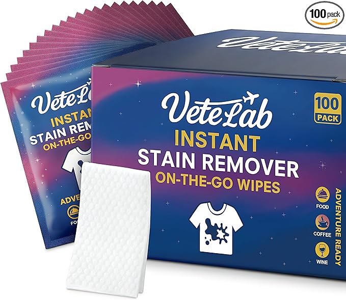 Instant Stain Remover Wipes for Clothes - Individually Wrapped Travel Spot Cleaner, Pocket-Size Laundry Wipes for Coffee, Food & Makeup Stains, Safe on Machine Washable Fabrics (100 Pack)