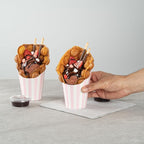 Restaurantware Bio Tek 12 Ounce French Fry Containers 100 Disposable Charcuterie Cups - Incline Design Round Striped Paper French Fry Cups Stackable For Waffles Chips or Popcorn