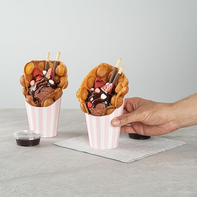 Restaurantware Bio Tek 12 Ounce French Fry Containers 100 Disposable Charcuterie Cups - Incline Design Round Striped Paper French Fry Cups Stackable For Waffles Chips or Popcorn