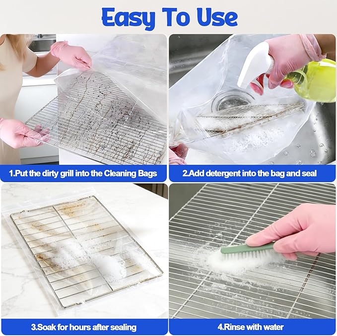 Juome Oven Rack Cleaning Bags, 5 Pack Reusable No Scrub Oven Rack Cleaning Bags Kit with 6 Gloves & 1 Brush, Leak Proof PE Bags (19.7*27.5inch & 23.6*35.4inch) for Deep Soaking BBQ Racks, Grill Grates