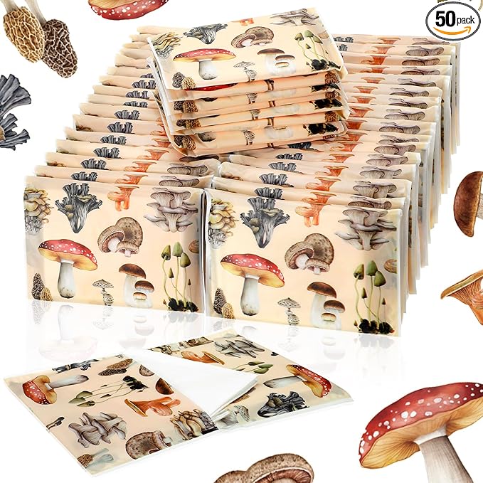Geyee 50 Packs Facial Tissue Travel Packs Disposable Pocket Tissues for Wedding Guest Travel School Purse Home Supplies, 500 Sheets 3 Ply(Mushroom)