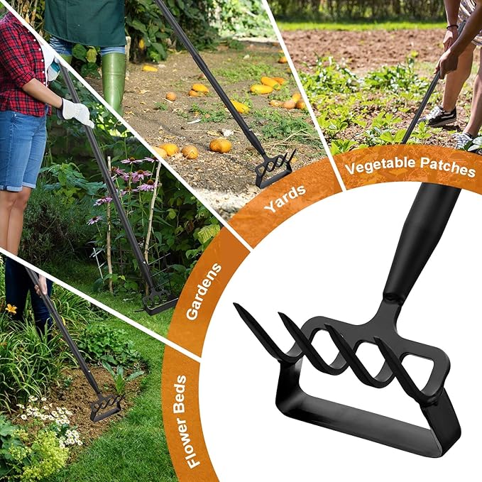 Hoe Garden Tool - 2 in 1 Stirrup Action Hoe & Rake,Heavy Duty Weeding & Cultivating Tool,Adjustable Long Handle (36”-74”),Sharp Carbon Steel Blade for Effortless Gardening