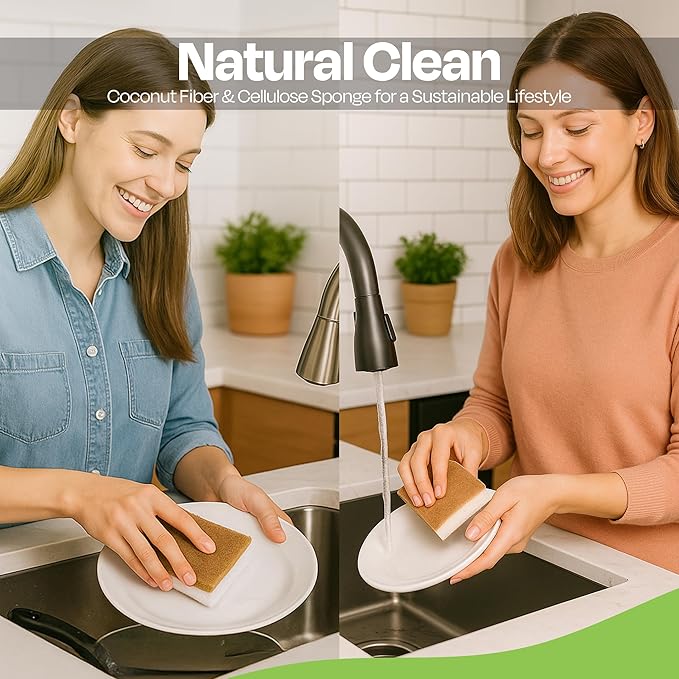 Natural Kitchen Sponges Pack of 12 - Biodegradable Compostable Cellulose & Coconut Scrubber Sponge with Non-Scratch - Long Lasting, Sponges for Dishes, Heavy Duty Dish Scrubber (Rectangular)