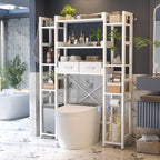 Besiost Over The Toilet Storage with 2 Drawers - 11 Tier Bathroom Organizer Freestanding Space Saver Storage Rack with Adjustable Shelf Above Toilet Stand with 4 Hooks for Restroom, Laundry, White