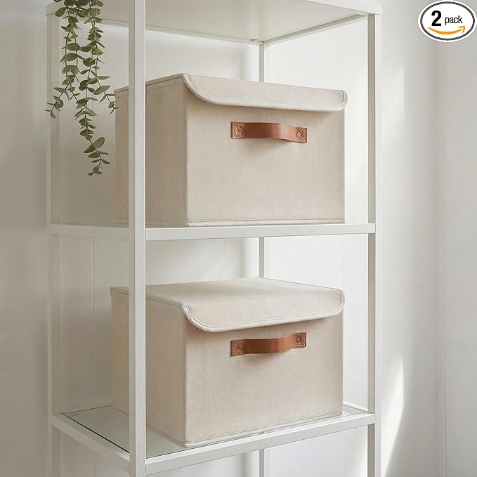 ZICOTO Decorative Linen Storage Boxes with Lids - Large Set of 2 Organizer Bins for Your Home Decor - The Perfect Container to Safely Store Photos, Documents and Memory Box Keepsakes in Style