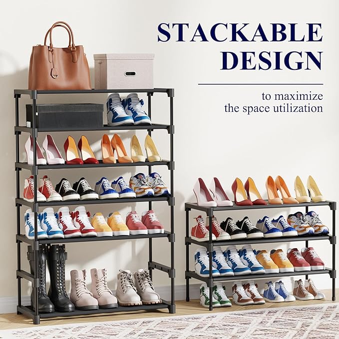Kitsure Shoe Rack - Non-Woven Shoe Rack Shelf, Shoe Organizer for Closet, Entryway, Garage & Corridor, Stackable Shoe Shelves, X-Large, Black