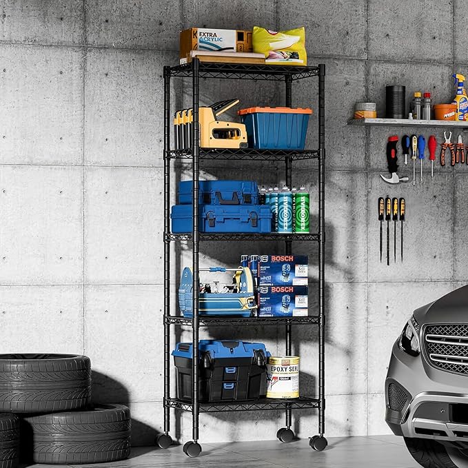 DUMOS 2 Pack 4Tier 5Tier Metal Shelving, Heavy Duty Shelves Wire Shelving Unit with Removable Wheel Casters, Shelves Organizer for Bathroom Garage Living Room Kitchen Pantry Laundry