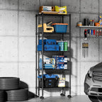 DUMOS 5 Tier Metal Shelving, Heavy Duty Shelves Wire Shelving Unit with Removable Wheel Casters, Shelves Organizer for Bathroom Garage Living Room Kitchen Pantry Laundry Black