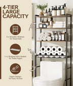 4-Tier Over-the-Toilet Storage Rack with One-Piece Wooden Shelves & Open Net Basket, Bathroom Organizer with Adjustable Feet & Anti-Tip Kit, Space-Saving Toilet Shelf, Brown, 24.4" x 9.4" x 69.3"
