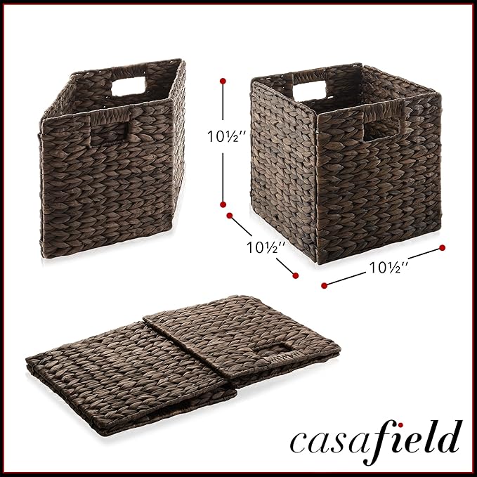 Casafield 10.5" x 10.5" Water Hyacinth Storage Baskets, Espresso - Set of 6 Collapsible Cube Organizers, Woven Bins for Bathroom, Bedroom, Laundry, Pantry, Shelves
