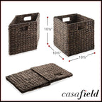 Casafield 10.5" x 10.5" Water Hyacinth Storage Baskets, Espresso - Set of 6 Collapsible Cube Organizers, Woven Bins for Bathroom, Bedroom, Laundry, Pantry, Shelves