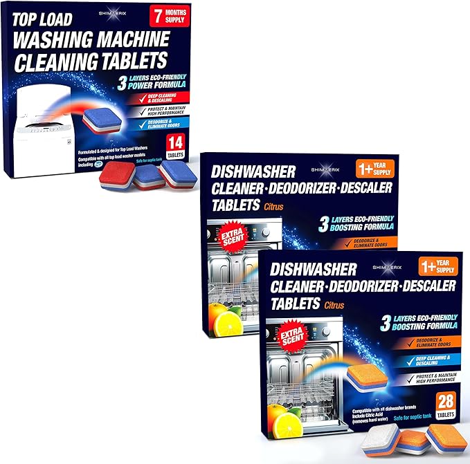 Washing Machine Cleaner Tablets Top Load 28 Pack & Dishwasher Cleaner Deodorizer Descaler Tablets 56 Pack Bundle - 1 Plus Year Supply - Septic Safe Eco Friendly Formula