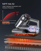 Powerful Mattress Bed Vacuum Cleaner, 2-Speed (14kPa/18kPa) Mattress Vacuum with Green Light Dust Detection, 253.7nm UV-C Light, LED Display, HEPA Filter, 149℉ Heat, Aroma for Bed Couch Carpet