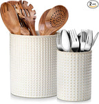 MALACASA LYDIA Ceramic Utensil Holders, 7.3"+5.5" Kitchen Utensil Crock Set for Countertop, Large & Small Utensil Organizers for Cooking Tools, Rhombus Pattern
