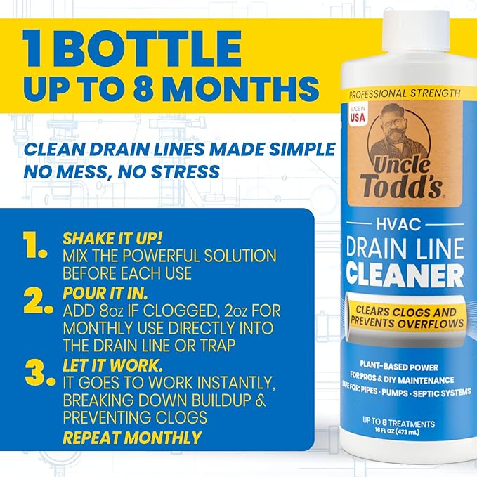 Uncle Todd's HVAC Drain Line Cleaner – 16oz / 8 Months Supply Bleach-Free, Fast-Acting, Long-Lasting AC Drain Line Solution for Tough Clogs & Buildup
