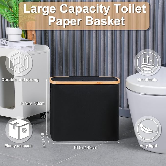 efluky Toilet Paper Basket 28L, Toilet Paper Holder with Lid for Bathroom, Free Standing Storage Organizer Holds Up to 9-12 Rolls (Black, 1)