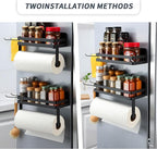 Paper Towel Holder Fridge Magnetic with Shelf - 2 Pack Paper Towel Holder Without Drilling + Magnet Spice Racks with 2 Kitchen Hanging Hooks Heavy Duty Space Saving, Black