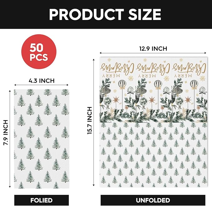 Horaldaily 100 Christmas Disposable Paper Decorative Guest Napkins, Christmas Tree Hand Towel for Party Lunch Dinner Kitchen Bathroom