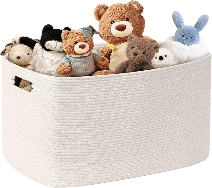 86L Large Baby Girls Laundry Basket for Nursery Storage,Cute Woven cotton Rope Baskets for Kids Toy，Gifts, Boho Square Wicker Blanket hamper for Living Room,Bedroom Dirty Clothes, White